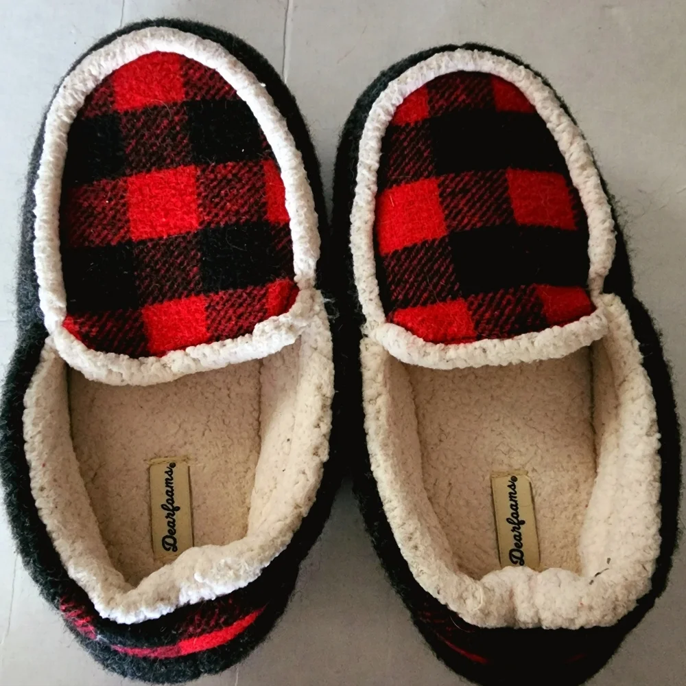 Dearfoams size 2-3 Boys Girls Plaid Multi Fab Moccasins  Slippers